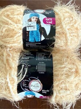 2 Skeins of Palette Soft Nylon Blush Hat & Scarf Yarn Cream Tone